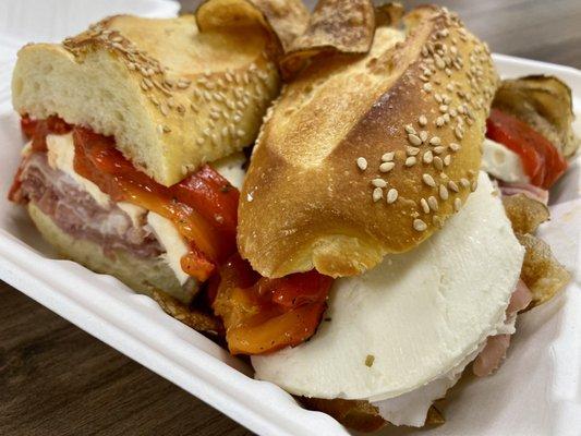 Prosciutto, mozzarella and roasted red pepper on Italian bread