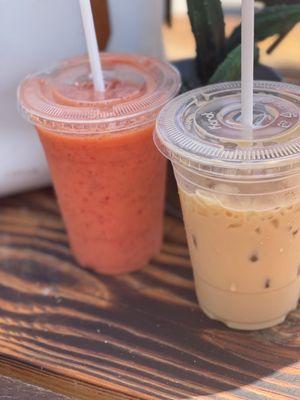 Strawberry, Banana and Orange Juice Smoothie Iced coffee