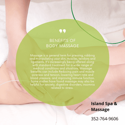 Island Spa & Massage
 17195 US-441 #104, Mt Dora, FL 32757
 Call us at 352-764-9606