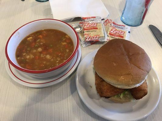 Vegetable soup and cod sandwich