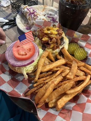 Best fries ever, burger and elote