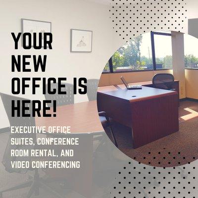 Executive office suites, conference/meeting room rental, video conferencing, and team spaces.