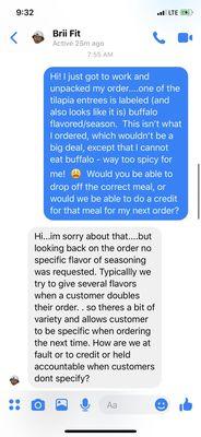 Photo 1 of 5.  Communication with business owner about the unexpected flavoring I received on one of the meals I ordered.