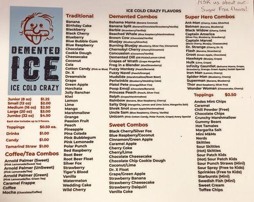 Demented Ice Menu