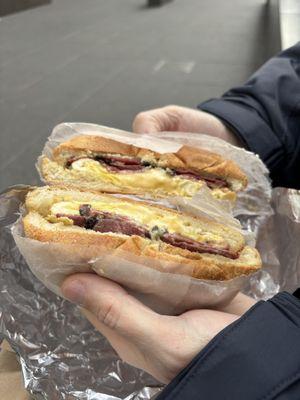 Pastrami egg and cheese on a kaiser roll!