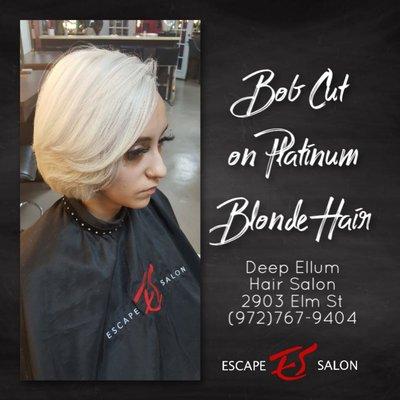 Bob Haircut on Platinum Blonde Hair at Escape Salon in Deep Ellum