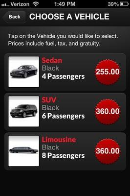 Heart Limo App by I Limo inc  "Choose Vehicle Screen- Hourly Rental"