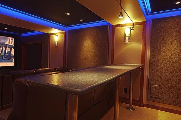 Lighting displaying the bar in the home theater.