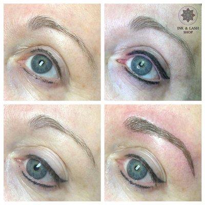 Microbladed eyebrows and eyeliner correction with wing