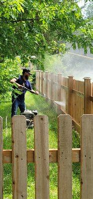 We powerwash too! 
Fence powerwashing prior to painting.