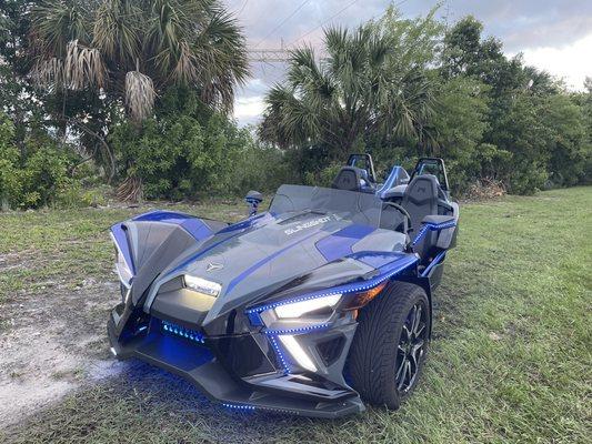 Slingshot during the late afternoon hour at sunset. LEDs on.