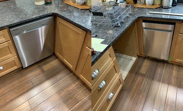 Removed an old broken dishwasher and installed a new one on the other side of the counter. Then ran power to the open spot beverage fridge.