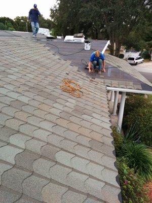 Gaf Monaco shingle install looks designed to look like a tile roof. This customer first used our service in 1998.