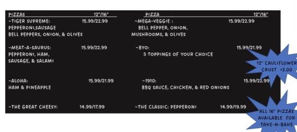 Our pizza menu. Please call for current Pastry selection. It's always changing!