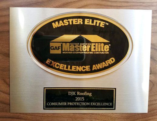 DJK Roofing is GAF Master Elite, winning the 2015 Consumer Protection Excellence award!