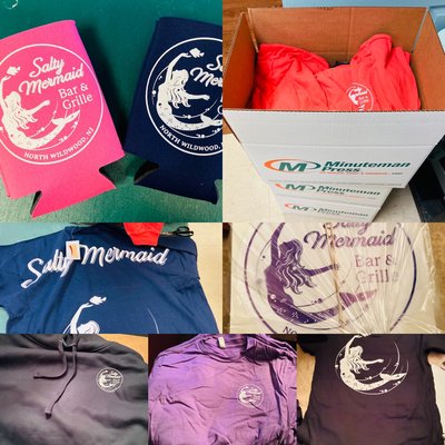 Shirts, hoodies, stickers and koozies we did for the Salty Mermaid Bar & Grille in North Wildwood.  Great place with Great food & Service!!