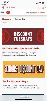 Discounts Tuesdays & Seniors