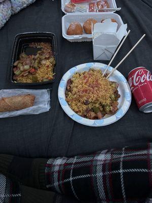 Egg Roll, Chinese Donuts, shrimp with peanuts over rice and white rice