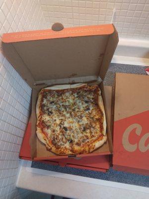 This was a large pizza I ordered that was stuffed in to a small box because they were out of large boxes