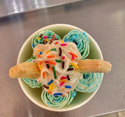 One of Our Signature Rolled Ice Cream Flavors, "Birthday Cake!"