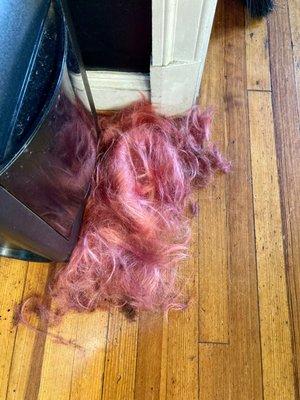 My pile of pink hair - not something you'll see at a barber shop every day.