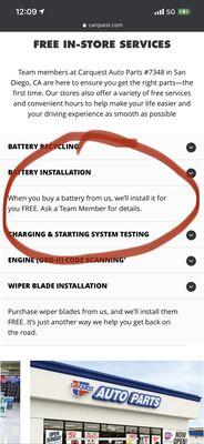 The website stating they will install the battery if purchased with no caveats.