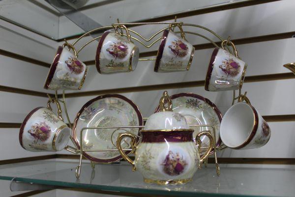 Delicate fine-china sets can be found in the lower level