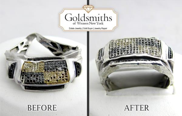 Customer stepped on his white gold hip hop style ring. The after photo showcases the repaired ring with out cleaning and polishing.