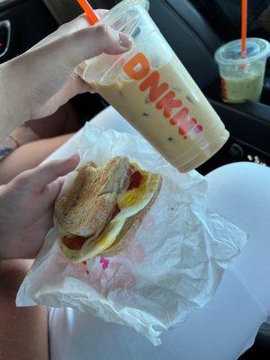 Sourdough bacon, egg and cheese and a caramel iced coffee!