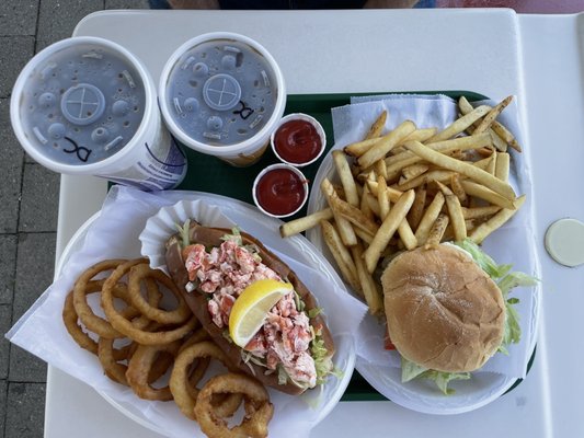 Lobster roll, onion rings, chicken sandwich, fries