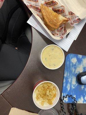 Grilled cheese , potato soup , and macaroni and cheese !