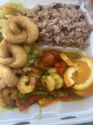 Curry shrimp fried dumplings and rice and beans