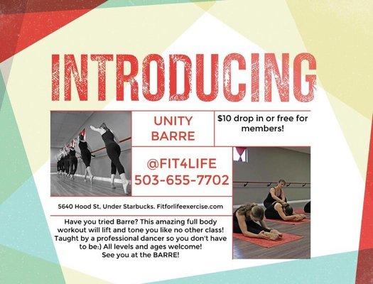 New at Fit For Life West Linn. Unity Barre classes!!! Tues 6:15pm, Thursday 6:30am and 6:15 pm. Free for members and only $10 to drop in.