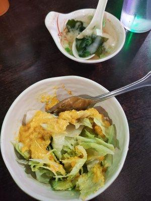 Ginger dressing on iceberg lettuce and miso soup