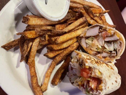 Buffalo chicken wrap and Fries