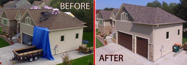 Before and after photo of a roof replacement in Blaine, Minnesota.