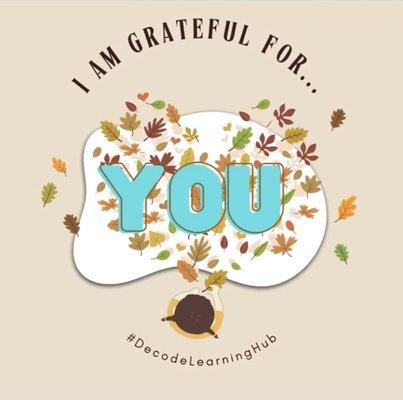 Little girl at a table of Fall leaves and it reads "I am grateful for YOU"