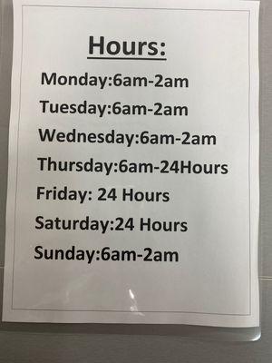 New hours starting November 2, 2020. Open from 6am-2am Monday-Wednesday. We will open at 6 am and run a 24 hours until Sunday night 2am.