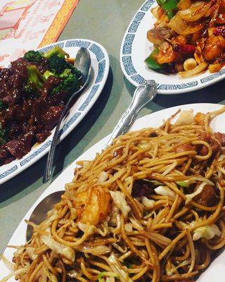 Pictured here is Broccoli Beef, Panda Chow Main, Kung Pao Shrimp