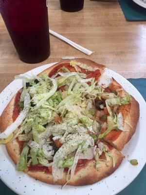 9 inch veggie pizza with no cheese. I added lettuce, tomatoes, and pineapple.