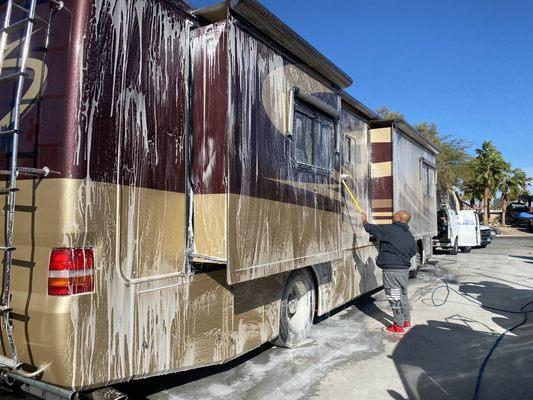 Gently scrub the Rv the homie