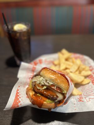 Scorpion Gourmet Burger (~$16) served with Steak Fries + Fountain Drink (~$3)