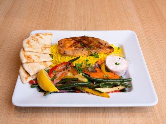 Salmon Plate with Rice and Grilled Veggies