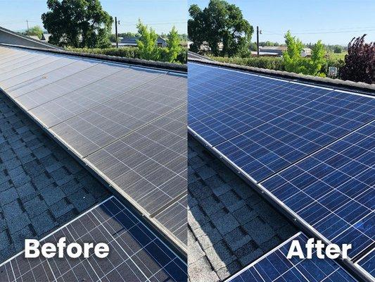 Before and after solar panel cleaning