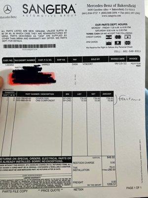 Invoice total for parts and labor for part that was ordered