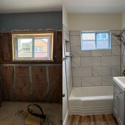 bathroom remodel included new drywall, tile, refinished tub, electrical fixtures, flooring, cabinet, mirror, toilet, window etc