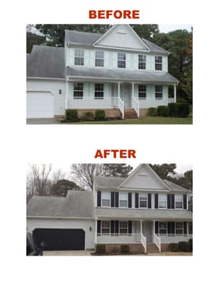 Before picture of our house with the awful mint green shutters. After picture of the house after Ash did a great job!