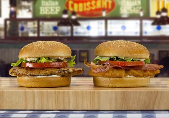 Char-broiled chicken sandwich and breaded chicken club sandwich.