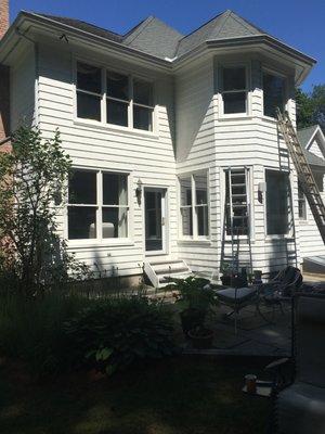 Fresh paint job on 4500sf colonial with cedar shakes. We replaced 13 window frames and added a new back step.