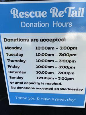 Hours and donation days for new location